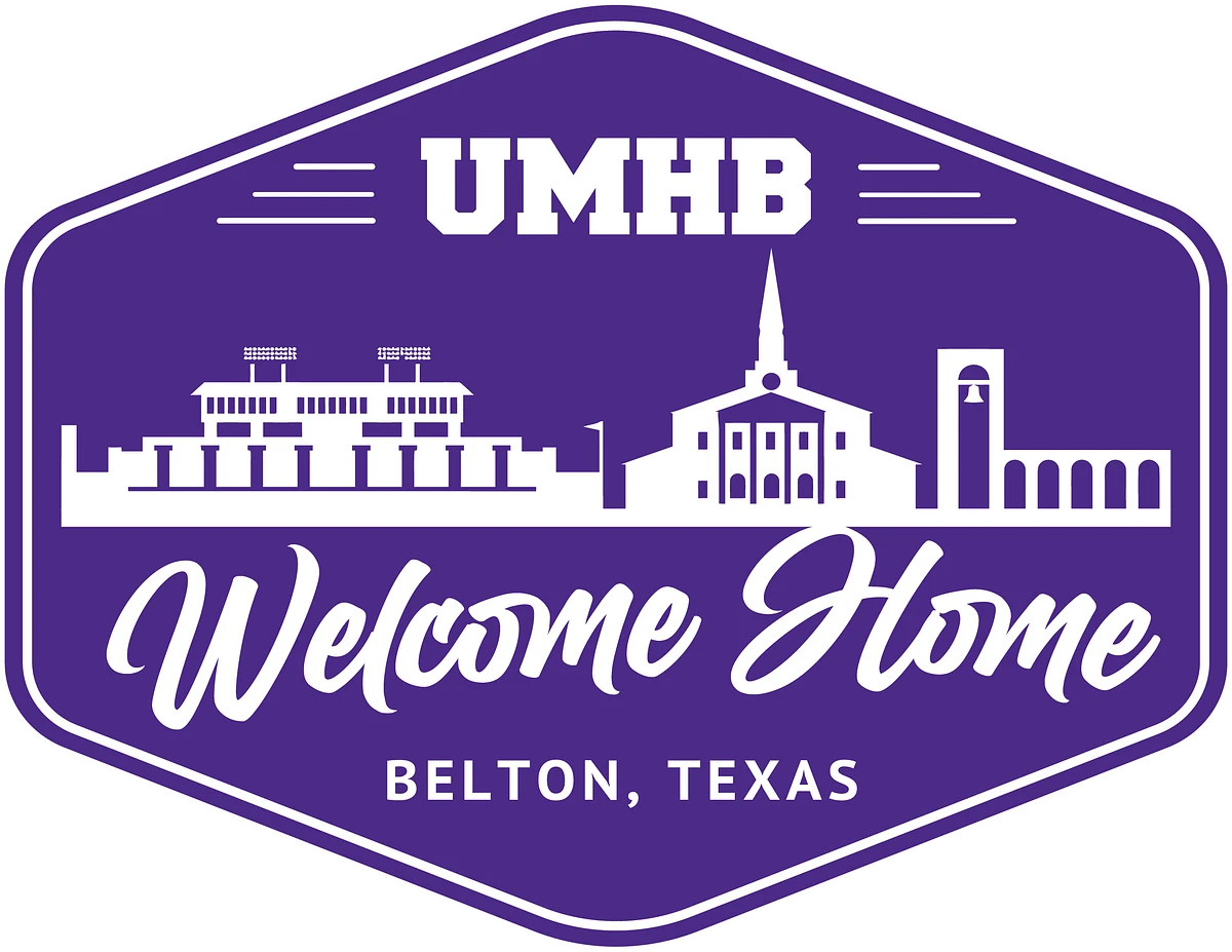 A purple emblem features the text "UMHB Welcome Home" with a silhouette of buildings and "Belton, Texas" beneath.