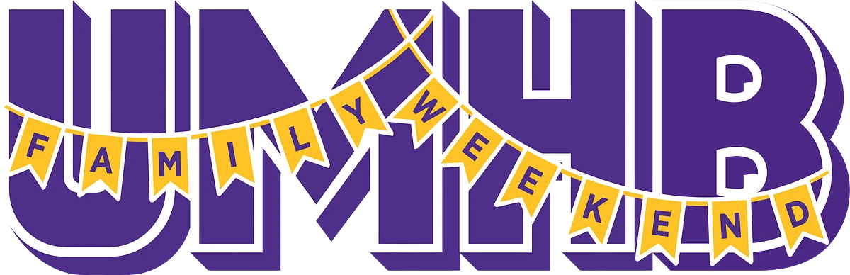 The image features large purple letters "UMHB" with a yellow banner spelling "FAMILY WEEKEND" draped across.