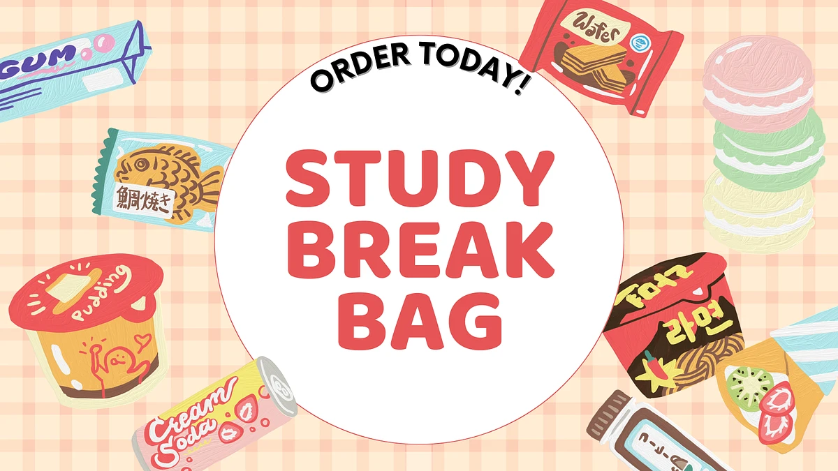A promotional image featuring various snacks surrounding a central circle with the text "STUDY BREAK BAG" and "ORDER TODAY!"