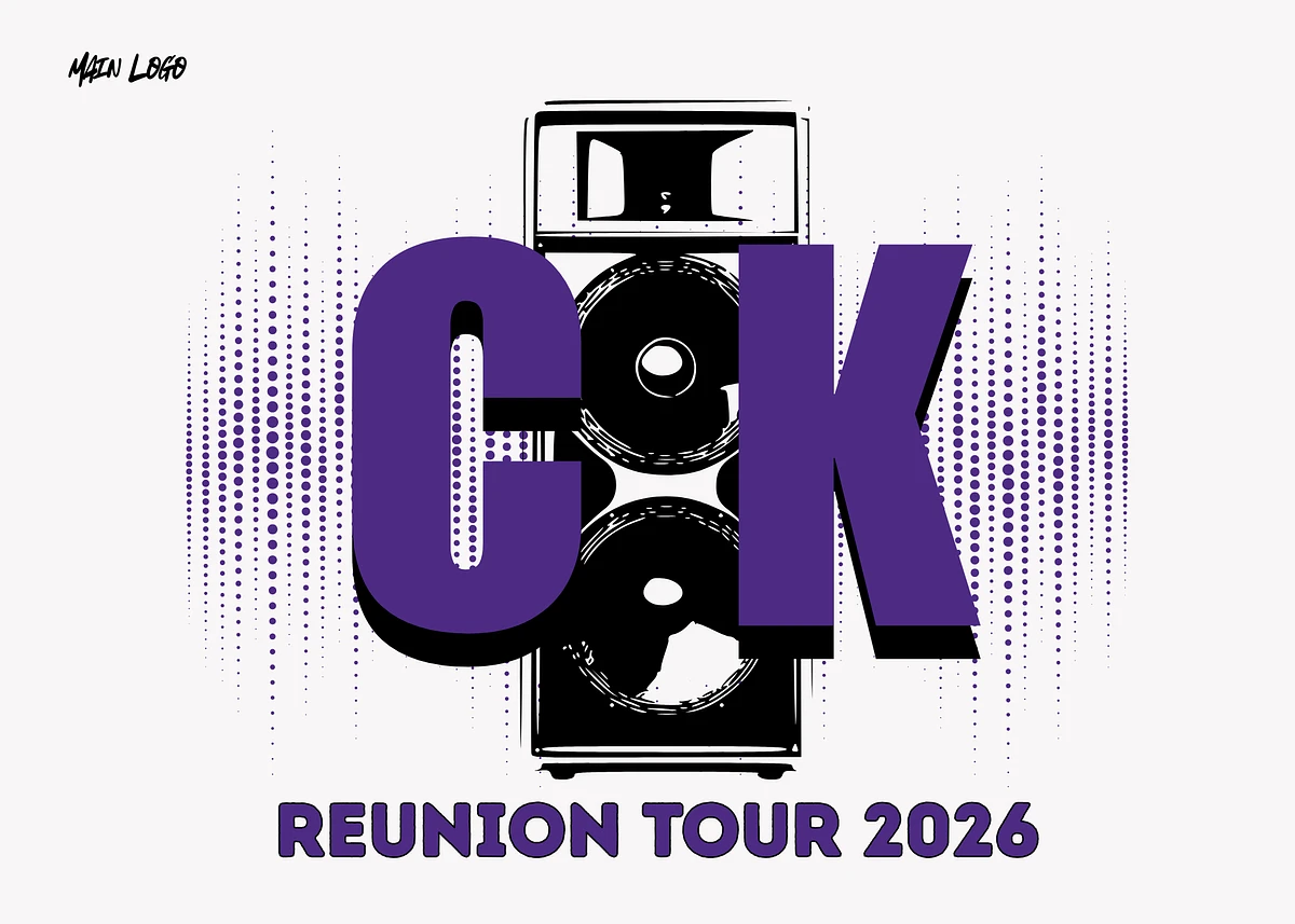 The image features a speaker system with large purple letters "C K" overlaying it, accompanied by the text "REUNION TOUR 2026" in purple.