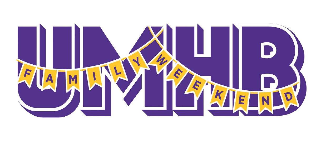 "UMHB Family Weekend" logo features the letters "UMHB" in purple, with "Family Weekend" written in white on a purple banner with yellow banners in the middle.