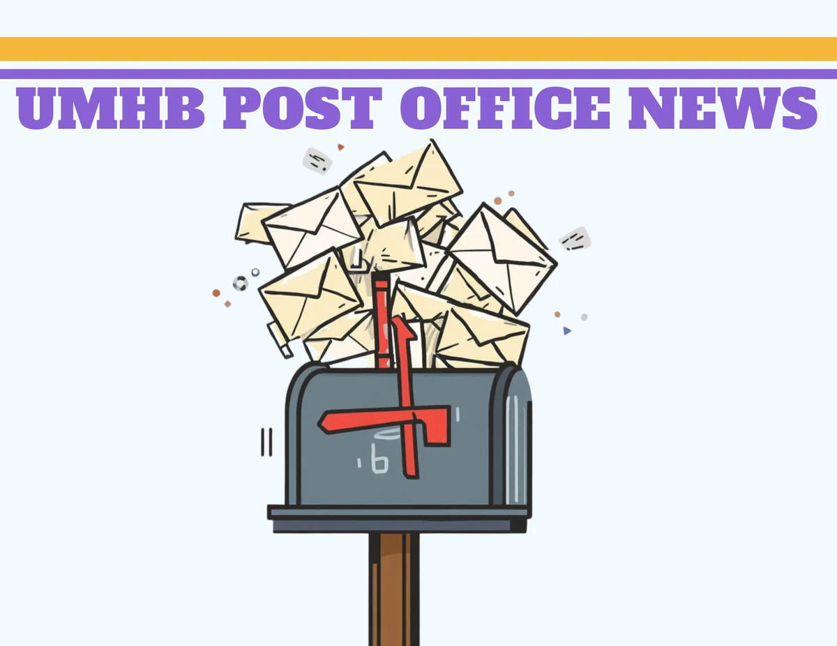 Post office news with illustration of overflowing mailbox.