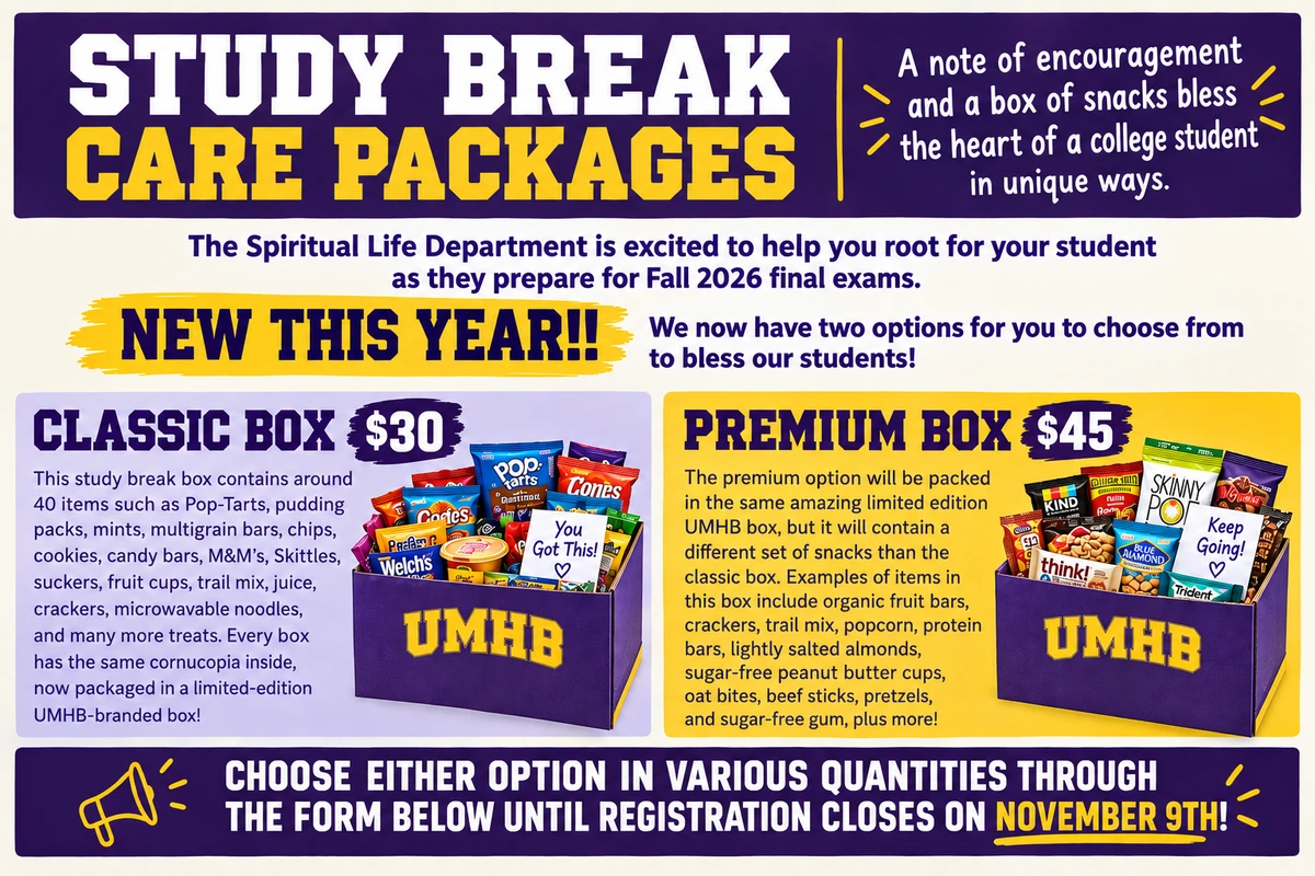 Advertisement for study break care packages with two options.